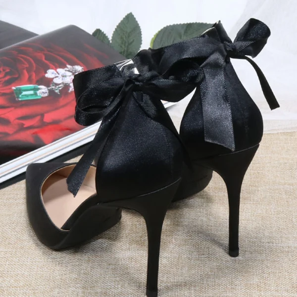 Fashion Black Prom Satin Womens Shoes 2020 Ankle Strap Bow 10 cm Stiletto Heels Pointed Toe Heels