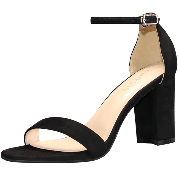 Sexy Noire Vêtement de rue Daim Sandales Femme 2020 Bride Cheville 8 cm Talons Épais À Bout Pointu Sandales