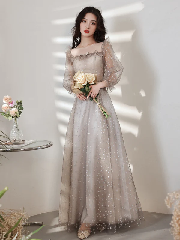Elegant Grey Lace Star Bridesmaid Dresses 2021 A-Line / Princess Square Neckline Bow Short Sleeve Backless Floor-Length / Long Bridesmaid Wedding Party Dresses