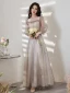 Elegant Grey Lace Star Bridesmaid Dresses 2021 A-Line / Princess Square Neckline Bow Short Sleeve Backless Floor-Length / Long Bridesmaid Wedding Party Dresses