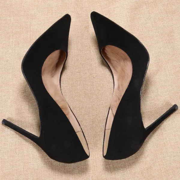 Stilig Svarta Gatukläder Mocka Pumps 2020 10 cm Stilettklackar Spetsiga Pumps