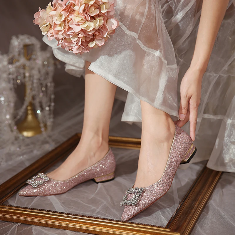 Charming Rose Gold Sequins Rhinestone Flat Wedding Shoes 2020 Low Heels  Kitten Heels Pointed Toe Wedding Heels