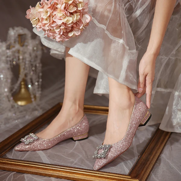 Charming Rose Gold Sequins Rhinestone Flat Wedding Shoes 2020 Low Heels / Kitten Heels Pointed Toe Wedding Heels