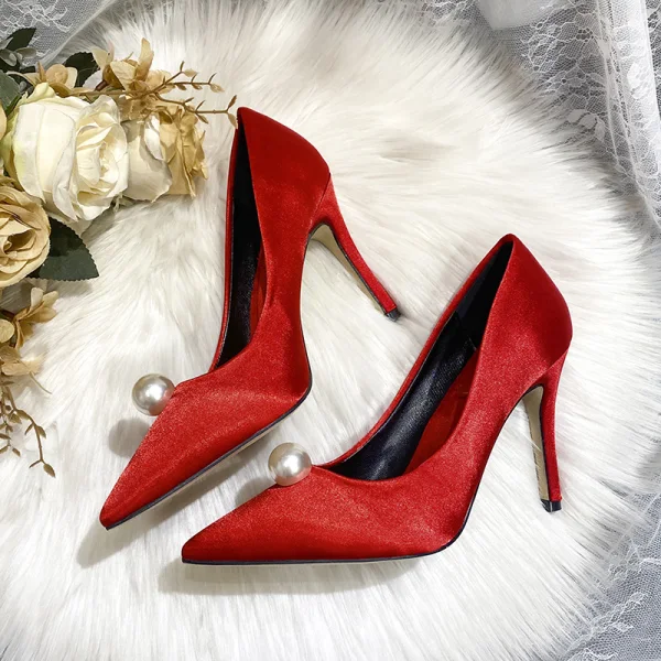 Chic / Beautiful Satin Red Pearl Wedding Shoes 2020 Leather 9 cm Stiletto Heels Pointed Toe Wedding Pumps