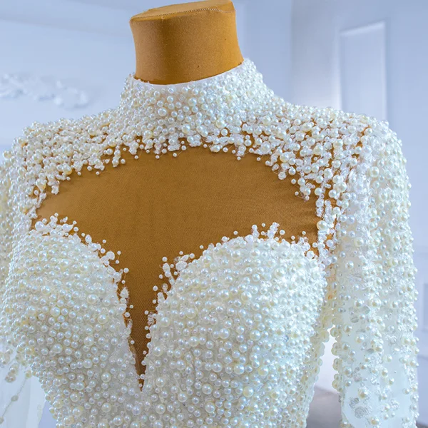 High-end Luxury / Gorgeous Ivory Handmade  Beading Pearl Sequins Wedding Dresses 2021 Trumpet / Mermaid High Neck Long Sleeve Court Train Wedding