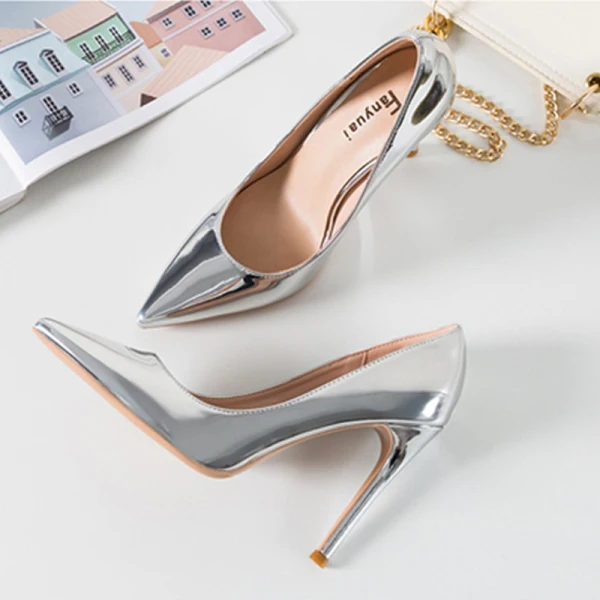 Schöne Silber Cocktail Lackleder Pumps 2020 10 cm Stilettos Spitzschuh Pumps