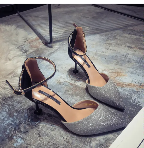 Chic / Beautiful Champagne Evening Party Womens Shoes 2020 Ankle Strap 6 cm Stiletto Heels Pointed Toe Heels