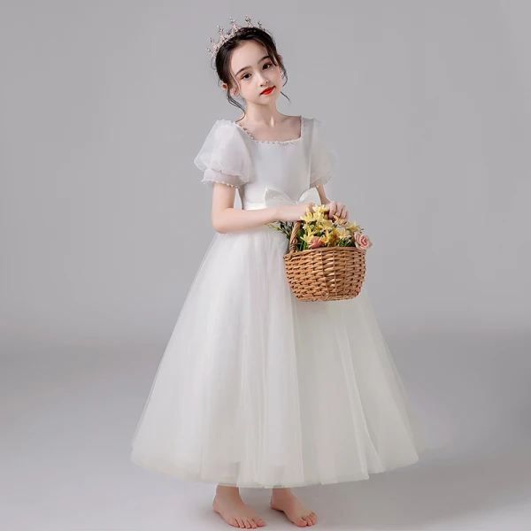Chic / Beautiful Ivory Wedding Flower Girl Dresses 2021 A-Line / Princess Square Neckline Pearl Bow Short Sleeve Floor-Length / Long Wedding Party Dresses