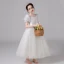 Chic / Beautiful Ivory Wedding Flower Girl Dresses 2021 A-Line / Princess Square Neckline Pearl Bow Short Sleeve Floor-Length / Long Wedding Party Dresses
