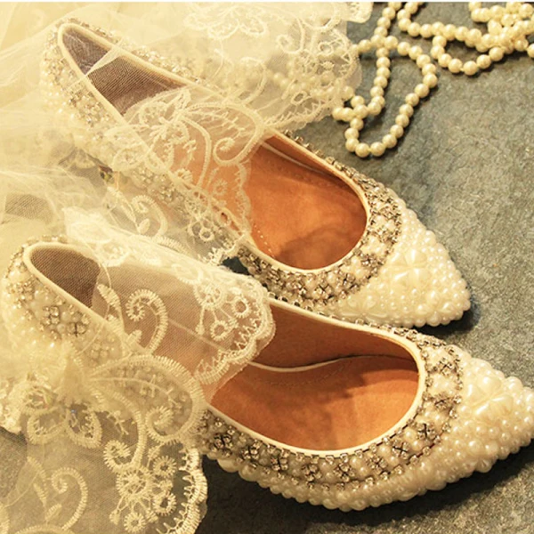 Élégant Ivoire Perle Faux Diamant Chaussure De Mariée 2020 Cuir 6 cm Talons Aiguilles À Bout Pointu Mariage Escarpins