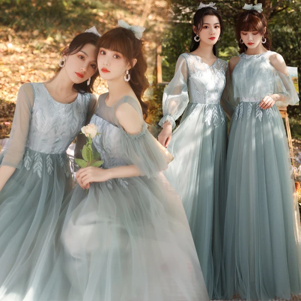 Modest / Simple Sage Green Embroidered Bridesmaid Dresses 2021 A-Line / Princess V-Neck 3/4 Sleeve Backless Floor-Length / Long Bridesmaid Wedding Party Dresses