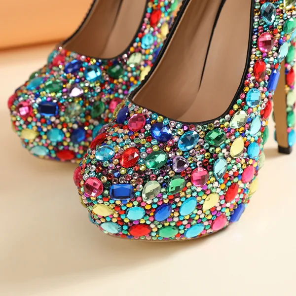 Amazing / Unique Colored Multi-Colors Rhinestone Rave Club Pumps 2020 14 cm Stiletto Heels Round Toe Pumps