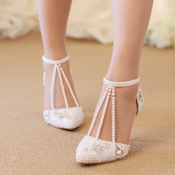 Sexy Ivory Wedding Shoes 2020 Wedding Pearl T-Strap 8 cm Stiletto Heels Pointed Toe Heels