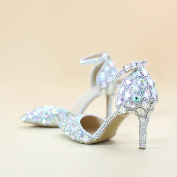 Sexy Multi-Couleurs Faux Diamant Soirée Sandales Femme 2020 Bride Cheville 8 cm Talons Aiguilles À Bout Pointu Sandales