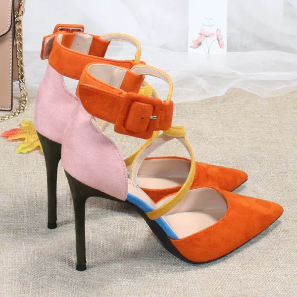 Mooie / Prachtige Oranje Straatkleding Suede Sandalen Dames 2020 X-Strap 10 cm Naaldhakken / Stiletto Spitse Neus Sandalen