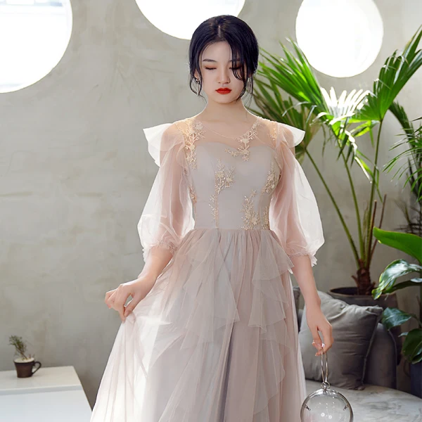 Modern / Fashion Blushing Pink Lace Flower Bridesmaid Dresses 2021 A-Line / Princess Scoop Neck Short Sleeve Backless Floor-Length / Long Bridesmaid Wedding Party Dresses