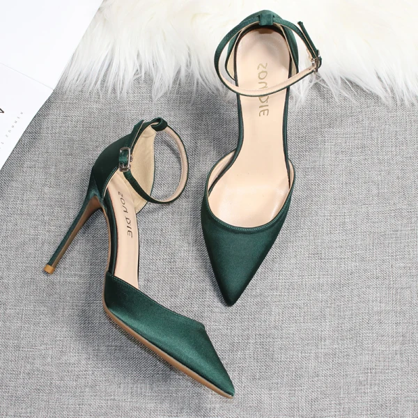 Chic / Beautiful Dark Green Satin Prom Womens Sandals 2020 Ankle Strap 10 cm Stiletto Heels Pointed Toe Sandals