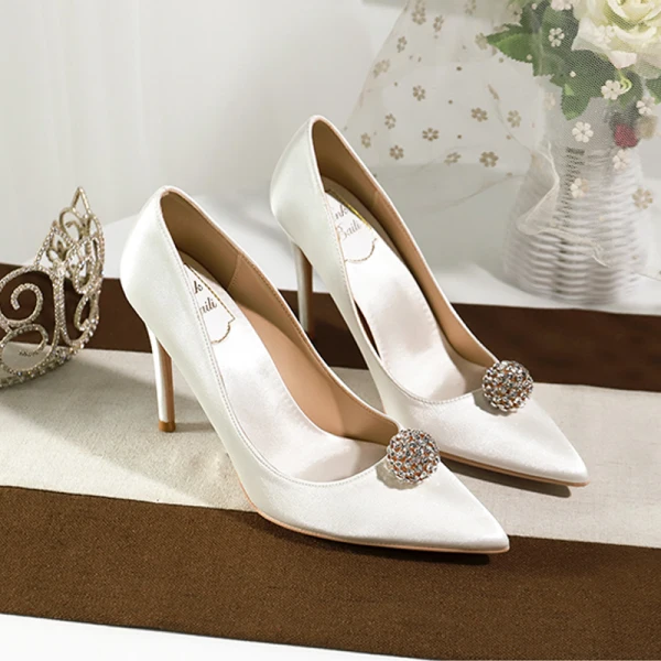 Chic / Beautiful White Rhinestone Wedding Shoes 2020 Leather 10 cm Stiletto Heels Pointed Toe Wedding Pumps