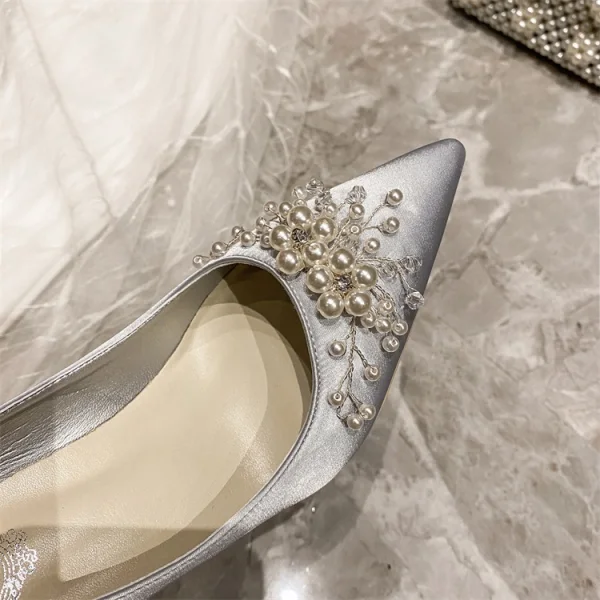 Élégant Gris Promo Satin Escarpins 2020 Perle 10 cm Talons Aiguilles À Bout Pointu Escarpins