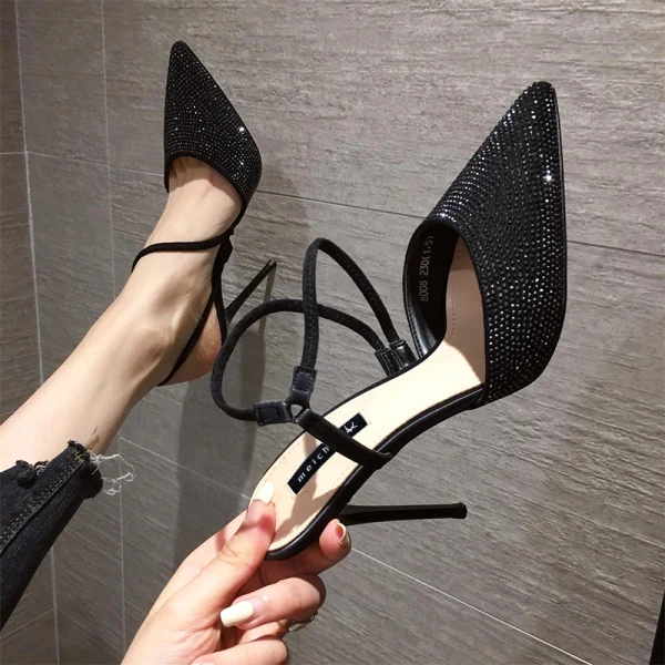 Sexy Black Evening Party Rhinestone Slingbacks Womens Sandals 2020 8 cm Stiletto Heels Pointed Toe Sandals