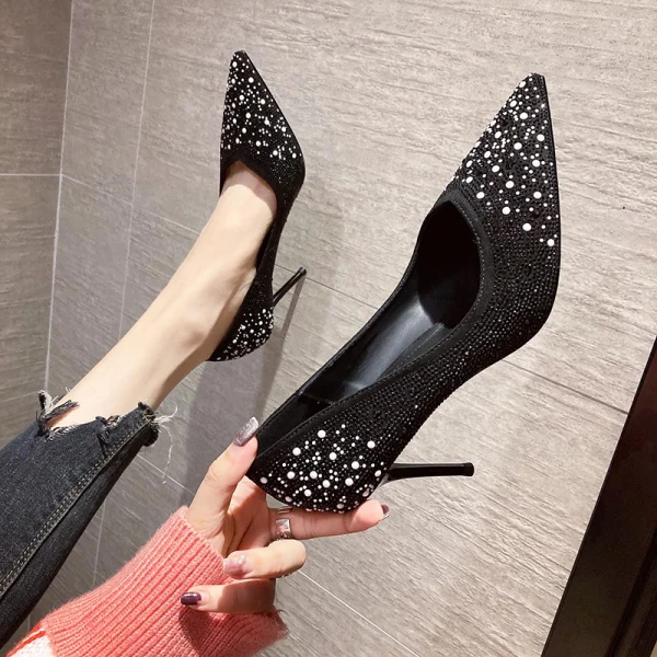 Uroczy Czarne Wieczorowe Rhinestone Czółenka 2020 8 cm Szpilki Szpiczaste Czółenka