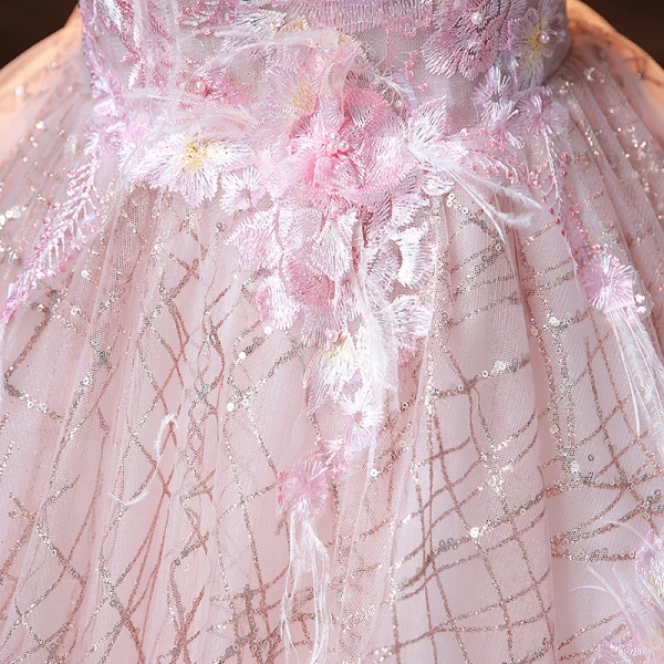 Vintage / Originale Rougissant Rose Perle Paillettes En Dentelle Fleur Robe De Bal Robe Boule 2021 V-Cou Gonflée Manches Courtes Dos Nu Longue Promo Robe De Ceremonie