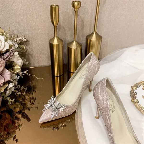 Uroczy Szary Cekinami Cekiny Rhinestone Motyl Buty Ślubne 2021 10 cm Szpilki Szpiczaste Ślub Czółenka