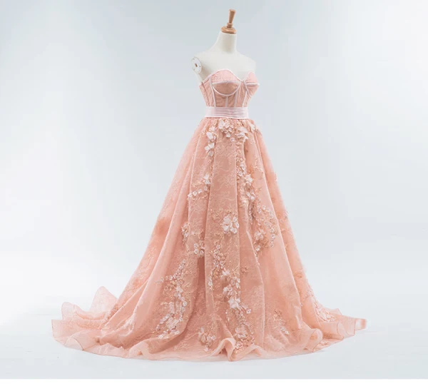 Elegant Perle Rosa Ballkjoler 2018 Prinsesse Perle Appliques Kjæreste Ryggløse Uten Ermer Chapel Train Formelle Kjoler