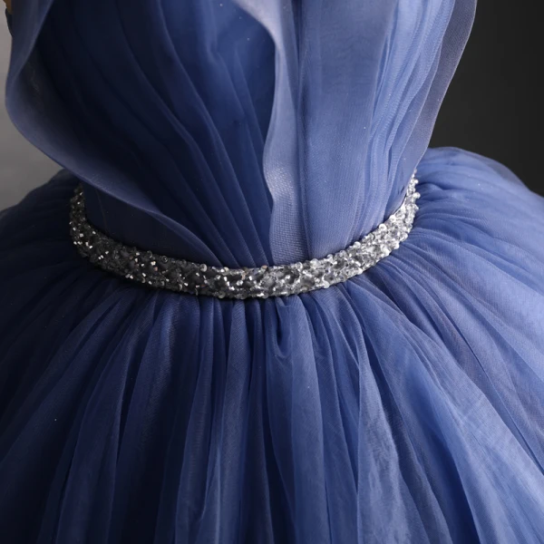 Elegant Ocean Blue Prom Dresses 2021 Ball Gown Scoop Neck Beading Sequins Sash Sleeveless Backless Floor-Length / Long Prom Formal Dresses