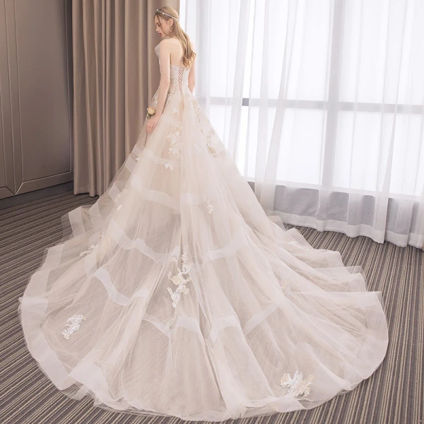 Modern / Fashion Champagne Wedding Dresses 2018 A-Line / Princess Appliques Lace Flower Pearl Sequins Bow Strapless Backless Sleeveless Cathedral Train Wedding