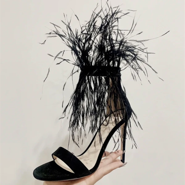 Sexy Noire Cocktail Sandales Femme 2021 Bride Cheville Plumes Cuir 9 cm Talons Aiguilles Peep Toes / Bout Ouvert Sandales