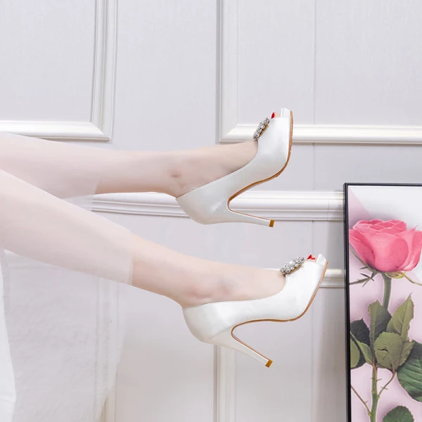 Classy Ivory Satin Rhinestone Wedding Shoes 2021 10 cm Stiletto Heels Open / Peep Toe Wedding Heels