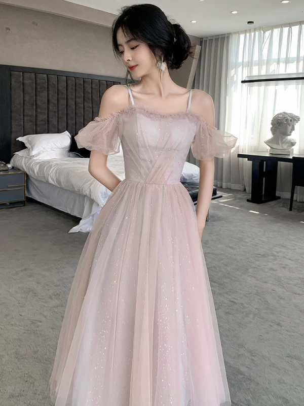 Chic / Beautiful Blushing Pink Bridesmaid Dresses 2021 A-Line / Princess Square Neckline Pearl Sequins Short Sleeve Backless Tea-length Bridesmaid Wedding Party Dresses