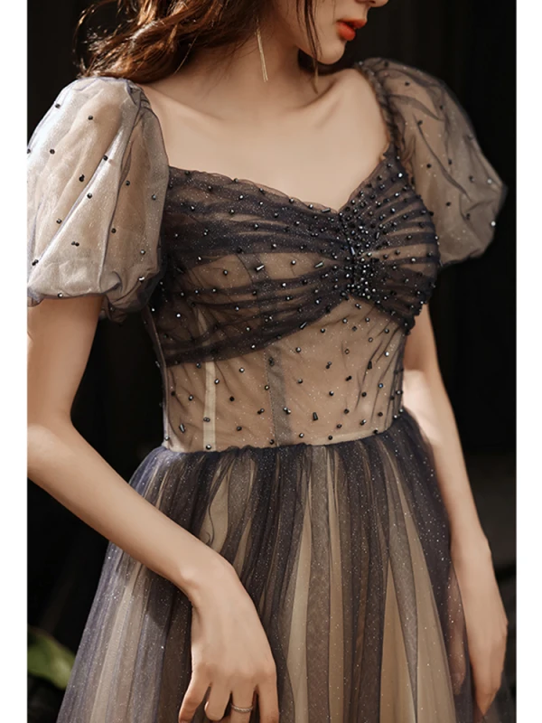 Fashion Navy Blue Glitter Prom Dresses 2021 A-Line / Princess Square Neckline Beading Crystal Short Sleeve Floor-Length / Long Prom Formal Dresses