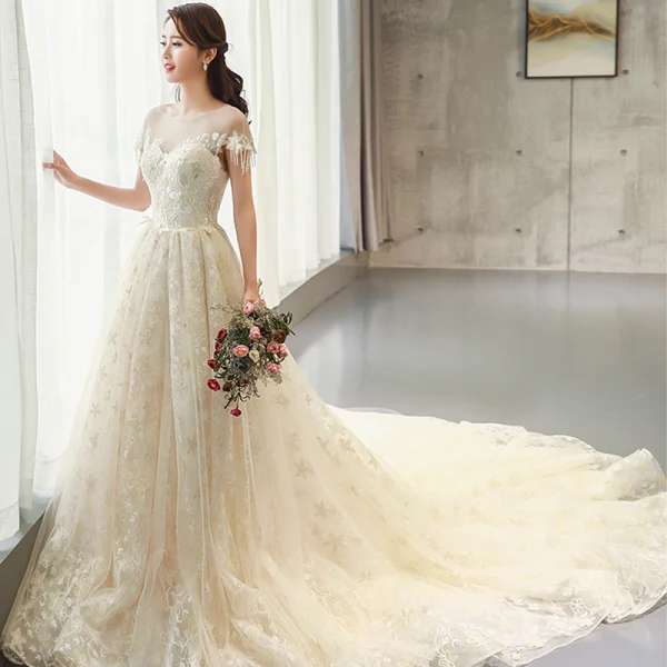 Luxury / Gorgeous Champagne Wedding Dresses 2018 A-Line / Princess Beading Tassel Appliques Lace Scoop Neck Backless Short Sleeve Cathedral Train Wedding