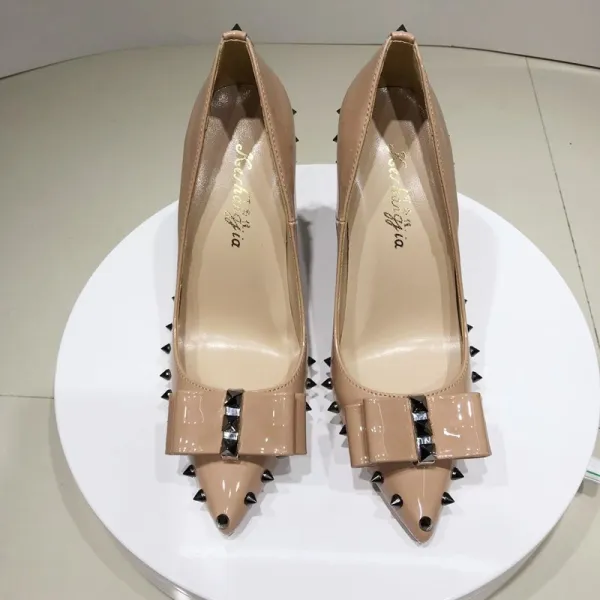 Fashion Beige Evening Party Rivet Bow Pumps 2021 Patent Leather 12 cm Stiletto Heels High Heels Pointed Toe Pumps