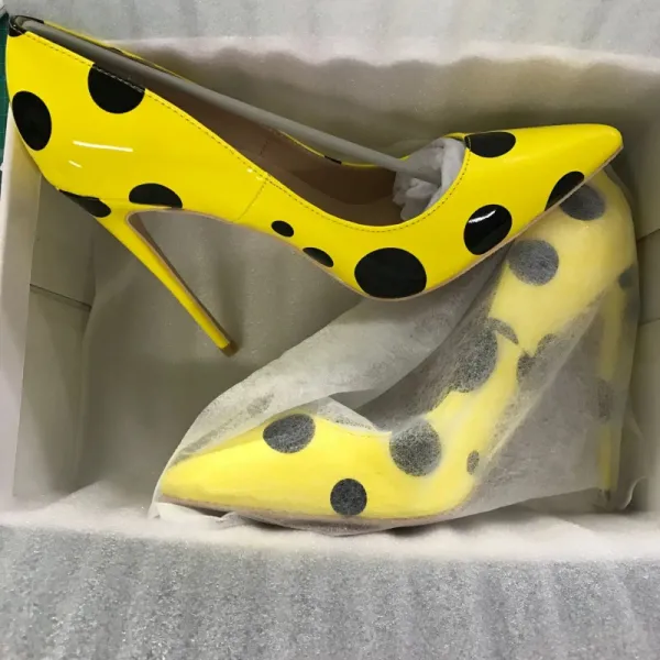 Chic / Beautiful Yellow Cartoon Outdoor / Garden Spotted Pumps 2021 12 cm Stiletto Heels Pointed Toe High Heels