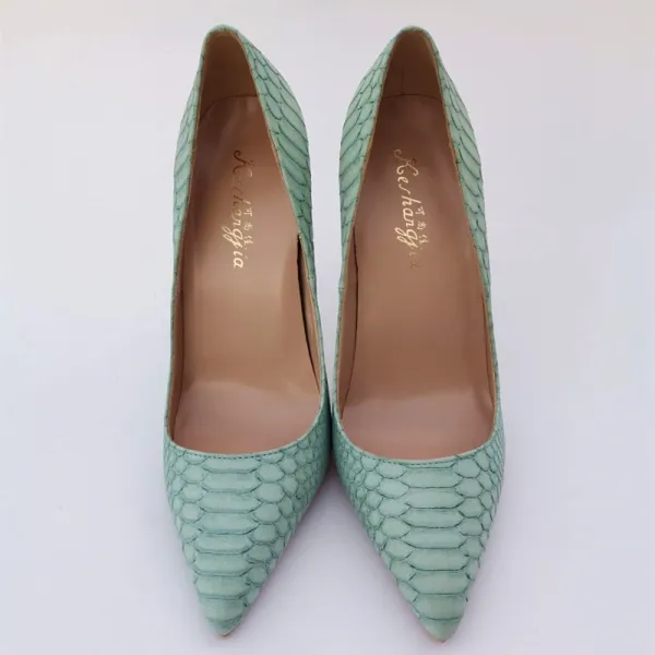 Chic / Beautiful Mint Green Cocktail Party Snakeskin Print Pumps 2021 Leather 12 cm Stiletto Heels Pointed Toe High Heels