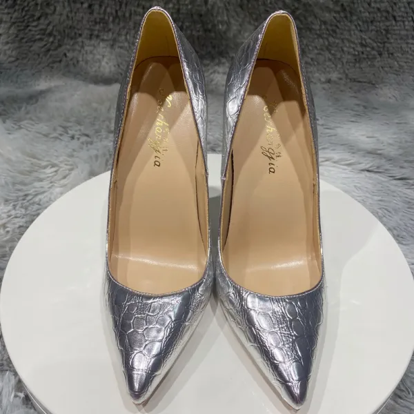 Fine Sølv Aften Pumps 2021 12 cm Stiletthæler Høyhælte Spisse Pumps