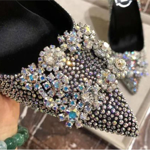 Błyszczące Czarne Wieczorowe Kryształ Czółenka 2021 Rhinestone 10 cm Szpilki Wysokie Obcasy Szpiczaste Czółenka