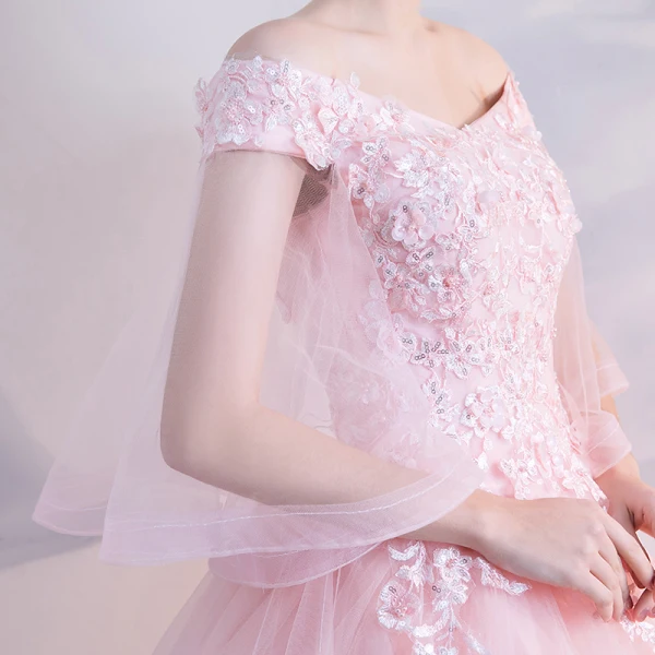 Chic / Belle Rose Bonbon Gonflée Robe De Bal 2018 Robe Boule En Dentelle Appliques Paillettes De l'épaule Dos Nu 1/2 Manches Longue Robe De Ceremonie