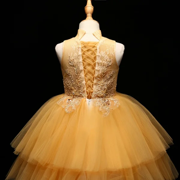 Chic / Beautiful Detachable Flower Girl Dresses 2017 Ball Gown Lace Appliques Crystal High Neck Sleeveless Asymmetrical Wedding Party Dresses