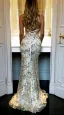 Sexy Argenté Robes longues 2018 Trompette / Sirène Glitter Paillettes Bretelles Spaghetti Dos Nu Manches Courtes Train De Balayage Vêtements Femme