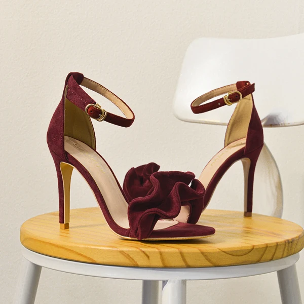 Sexy Burgundy Evening Party Suede Womens Sandals 2021 Leather Ankle Strap 10 cm Stiletto Heels High Heels Open / Peep Toe Sandals