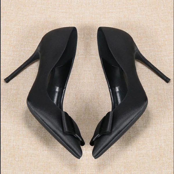 Chic / Beautiful Black Office OL Satin Pumps 2021 Bow 10 cm Stiletto Heels Pointed Toe High Heels