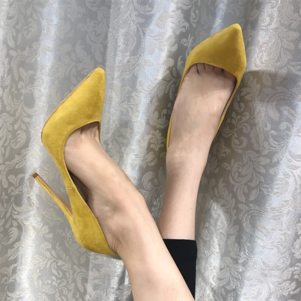 Schöne Gelb Strassenmode Wildleder Pumps 2021 12 cm Stilettos Spitzschuh Hochhackige