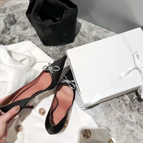 Charming Black Silk Satin Evening Party Pumps 2021 Bow Rhinestone High Heels 10 cm Stiletto Heels Pointed Toe Pumps