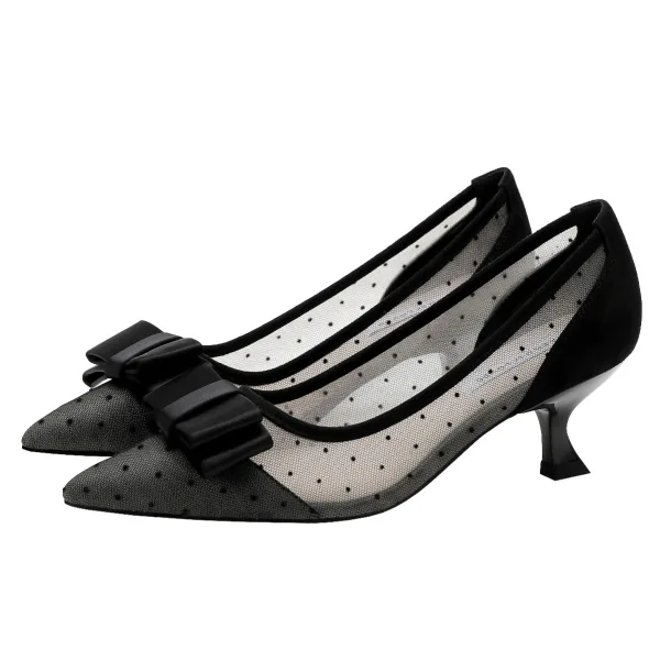 Lovely Black Dating Spotted See-through Bow Pumps 2021 4 cm Stiletto Heels Low Heel High Heels Pointed Toe Pumps
