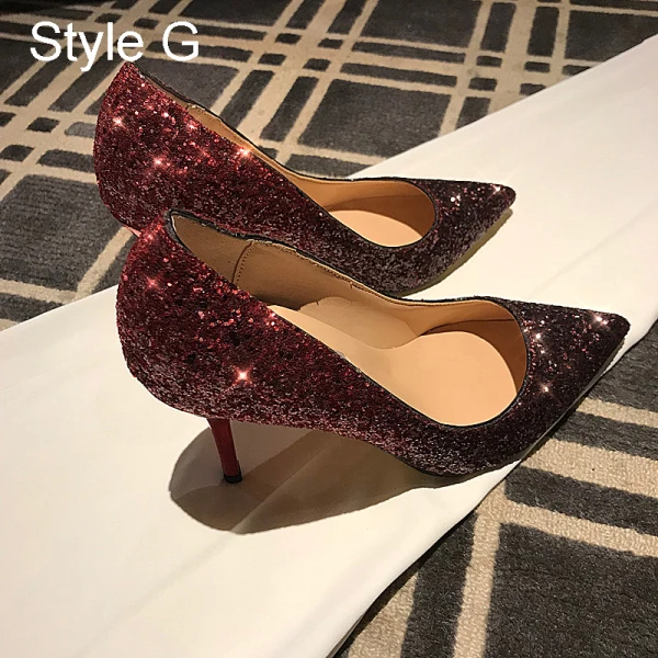 Glittrande Champagne Afton Paljetter Pumps 2021 Läder 9 cm Stilettklackar Spetsiga Högklackade