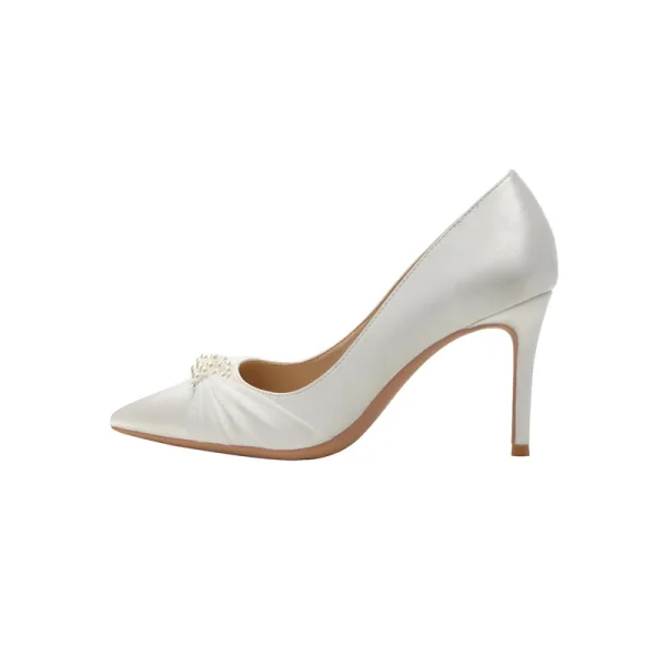 Elegant Ivory Satin Pearl Wedding Shoes 2021 8 cm Stiletto Heels Pointed Toe Wedding Pumps High Heels